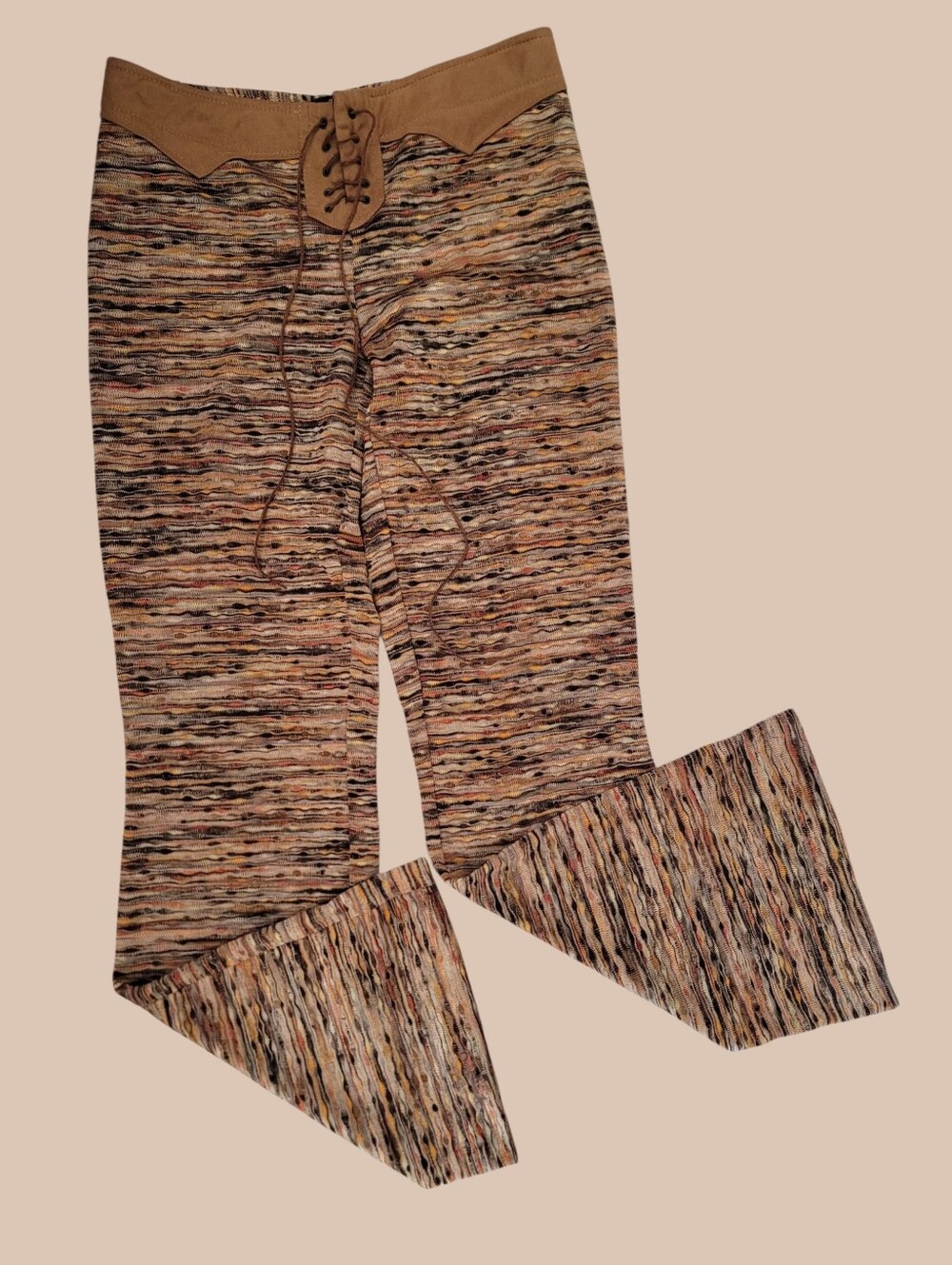 VTG Y2K Rampage Brown Flare Knit Lace Up Low Rise Pants USA Large Festival Rave